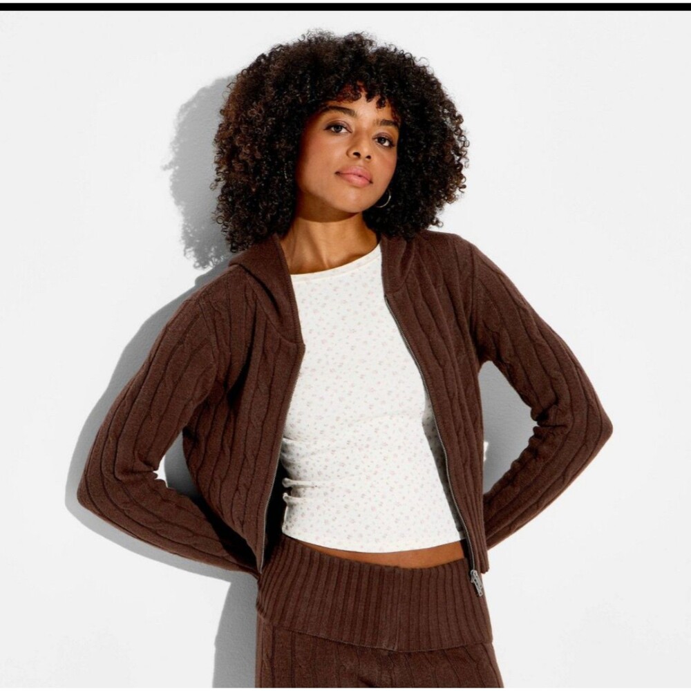 Women's Wild Fable Cable Zip Up Hoodie Cardigan Brown
